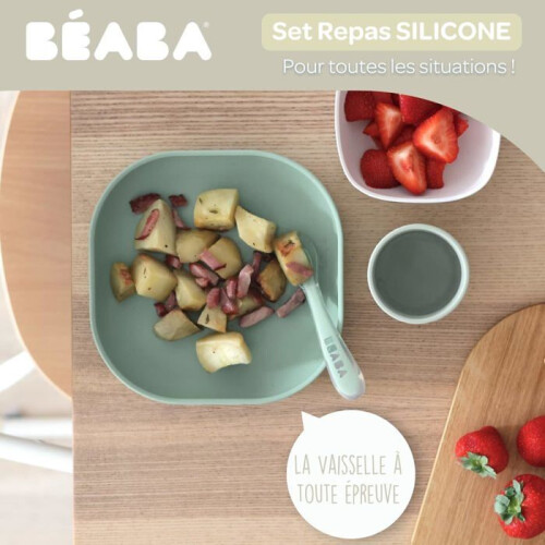 BEABA Set di Posate per Bambini BÉABA in Silicone con Ventosa - 4 Pezzi Verde Salvia 2