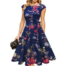 Vintage Retro Cocktailkleid Elegant Dunkelblau mit Blumenmuster 2XL — festliches midikleid, 50er jahre kleid
