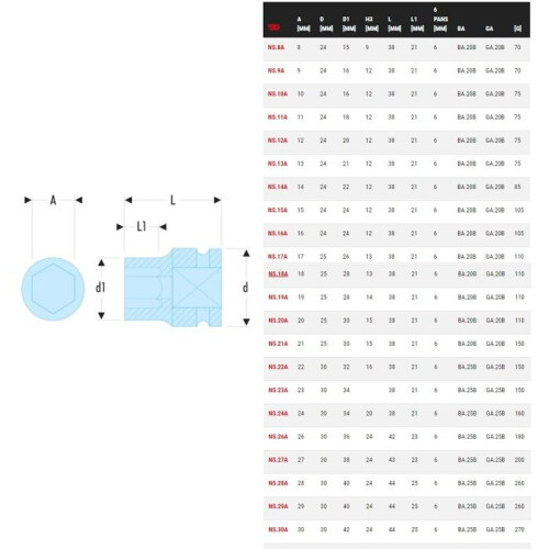 Facom Douille impact 1/2'' 6 pans métriques D 21mm - FACOM - NS.21A 1