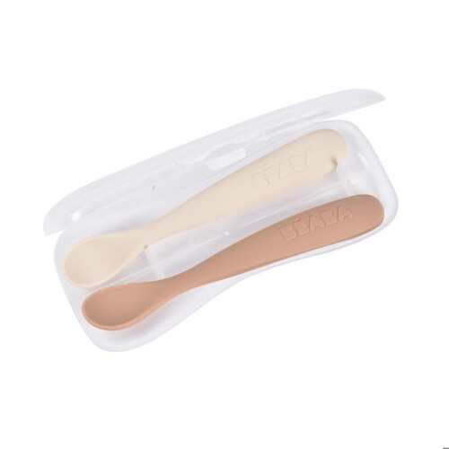 BEABA Conjunto de 2 colheres de silicone para 1º idade com caixa de transporte Terra Argila 2