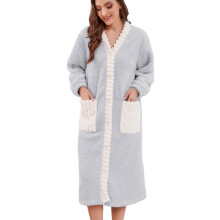 Women's Long Plush Robe with Pockets - Warm Button-Up Grey L-XL — fleece dressing gown, soft housecoat