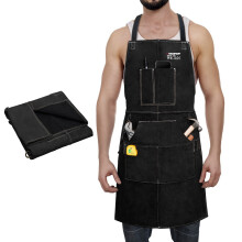 ARCCAPTAIN Tablier de soudure en cuir de vachette, Noir, Résistant à la chaleur et aux flammes, 6 poches outils
