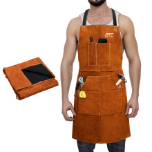 ARCCAPTAIN Tablier de soudure en cuir de vachette, Résistant à la chaleur et aux flammes, 6 poches, Marron