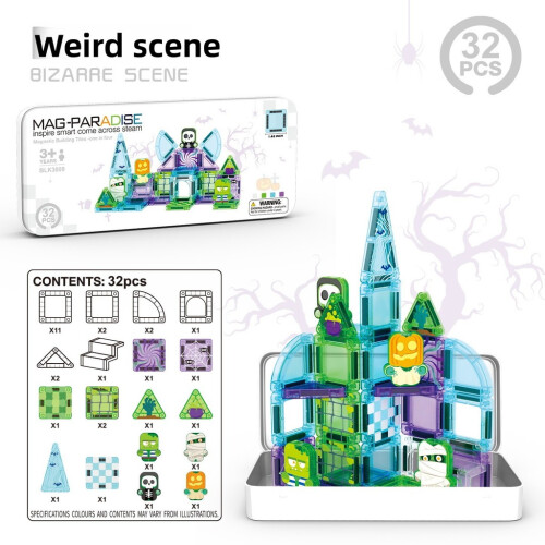 (Monster 32pcs)Castello delle Fiabe e Natale Puzzle Magnetico Set per Bambini Gioco Creativo