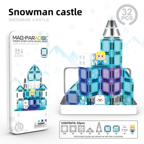(Snowman 32pcs)Castello delle Fiabe e Natale Puzzle Magnetico Set per Bambini Gioco Creativo