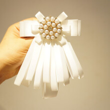 (White Adjuster) Edition Bow Cloth Tie Brooch With Artificial Pearl Decoration Wear Office For