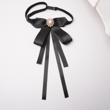 (Black) Satin Bow Womens Tie With Artificial Pearl Decoration Suitable Daily Wear For