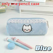 (Blue) Capacity Large Plush Cat Pen Case With Soft Material And Decoration Lace