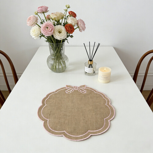 (Yellow)Summer Embroidery Jute Coasters With Butterfly Bow Pattern For Use Kitchen 2