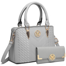 Miss Lulu Sac à main Shopper, Gris clair, Cuir PU, Ensemble avec portefeuille et pochette, Pour travail et voyage