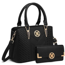 Miss Lulu Sac à main Shopper, Noir, Cuir PU, Ensemble avec portefeuille, 27x14x19 cm
