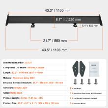SucceBuy Aileron de Voiture GT Wing, 1100 mm, Aluminium Léger, Noir Mat, Universel pour Berlines et Coupés