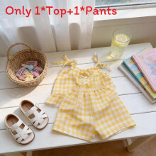 (Yellow,100cm)Child Summer Pajama Set With Cloud Cotton Material And Plaid Design For Lounge Sleep