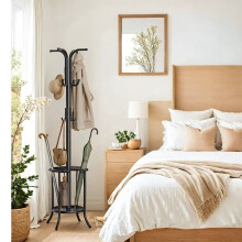 Freestanding Coat Rack - Metal - Black - 12 Hooks with Umbrella Holder