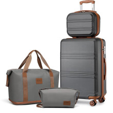 KONO Lot de 4 valises, Gris, incluant bagage Ă main 55 cm et trousses de toilette