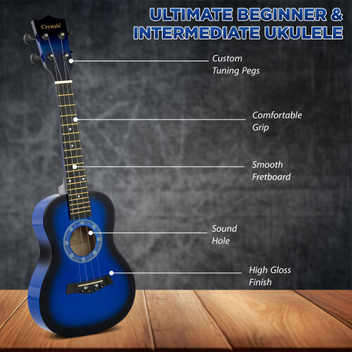 Crystals 23" Concert Beginners Ukulele with Felt Pick & Spare Strings 1