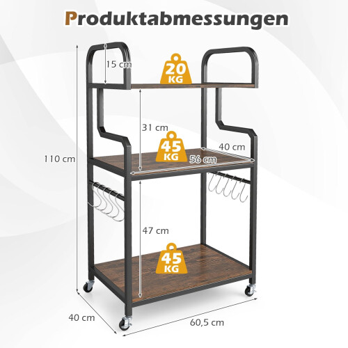 3-Tier Printer Stand with Wheels and Hooks, Brown