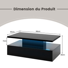 Salongbord, 2-etasjes LED-lys, fjernkontroll, blank svart, 110x60cm
