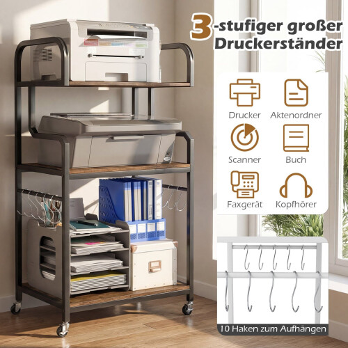 3-Tier Printer Stand with Wheels and Hooks, Brown 2