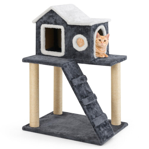 90 cm High Scratching Post with Large Cave & Ladder & Sisal Posts Cat Tree Climbing Tree Grey 1