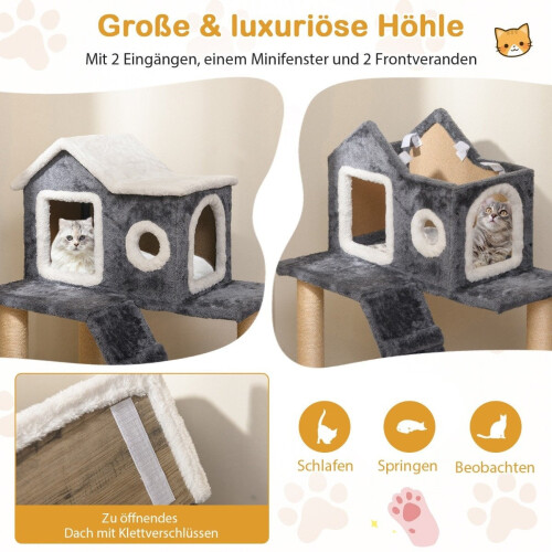 90 cm High Scratching Post with Large Cave & Ladder & Sisal Posts Cat Tree Climbing Tree Grey 2