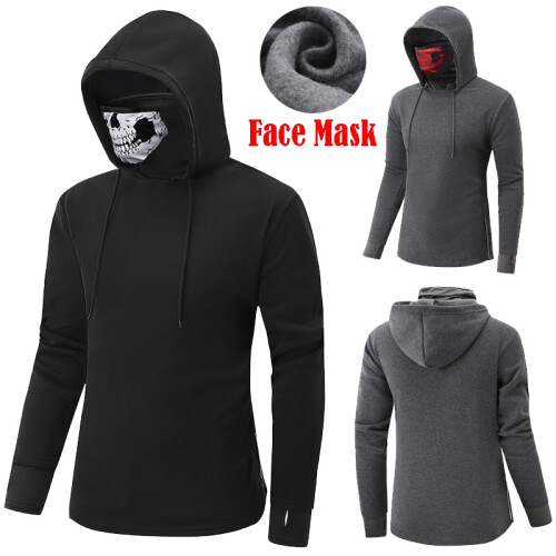 (Gray,M)Mens Face Mask Skull Hoodies Drawstring Pullover Sweatshirts Costume Jumper 2