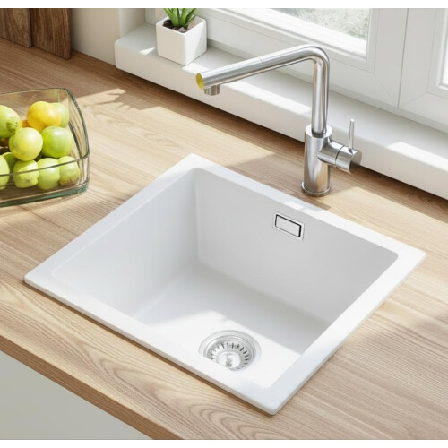 HOROW White Granite Composite Kitchen Sink 45x50x20cm, Scratch Resistant, with Waste Kit