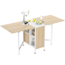 Folding Dining Table for 4 People, 169 cm Drop Leaf Table with Storage Shelves for Small Spaces, Kitchen, Dining Room, Oak & White