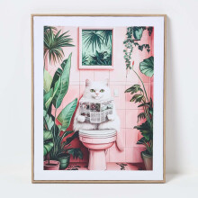 White Cat on Toilet Wall Art, 45 x 50 cm