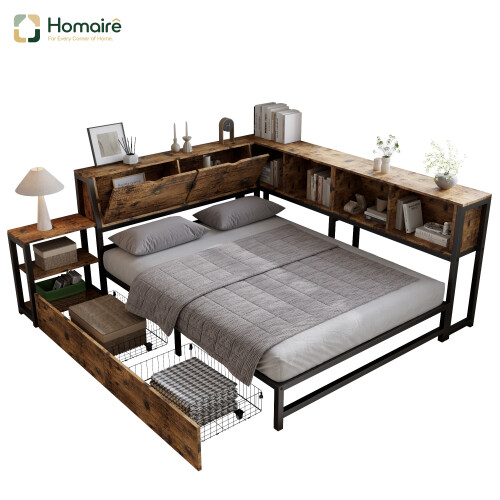 HOMAIRE Rustic Brown Metal Storage Bed 4ft6