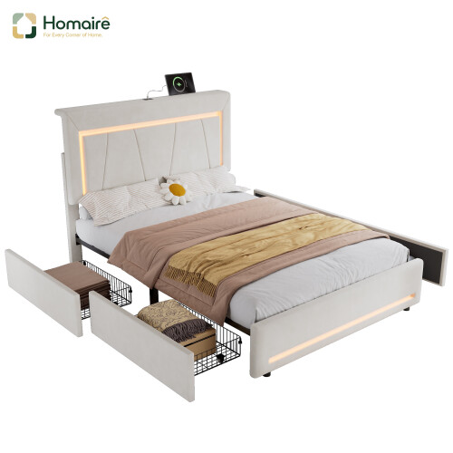 HOMAIRE Velvet Upholstered 4ft6 Storage Bed Beige