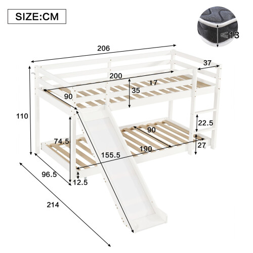 HOMAIRE Kids Cabin Bunk Bed with Slide White 1