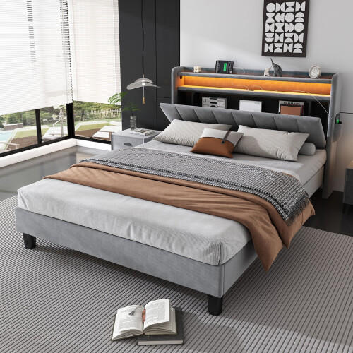 HOMAIRE Grey Velvet Upholstered Double Bed 2