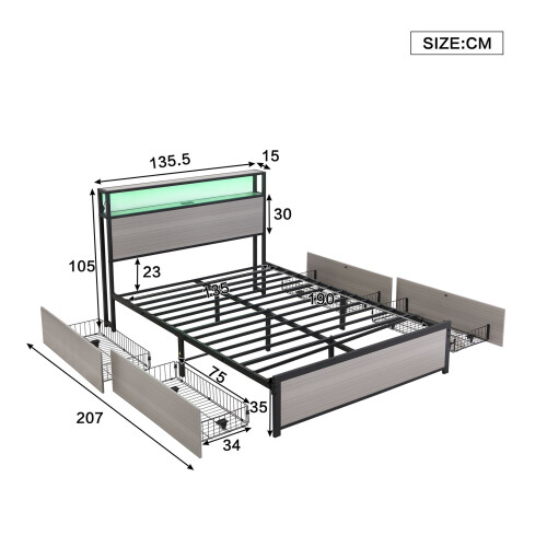 HOMAIRE Metal 4ft6 Double Bed with LED Grey 1