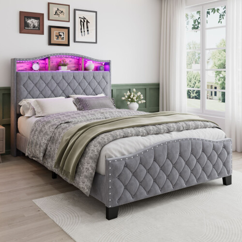 HOMAIRE Grey Velvet Upholstered Storage Bed 4ft6 2