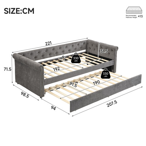 HOMAIRE Grey Velvet 3FT Single Daybed Sofa 1