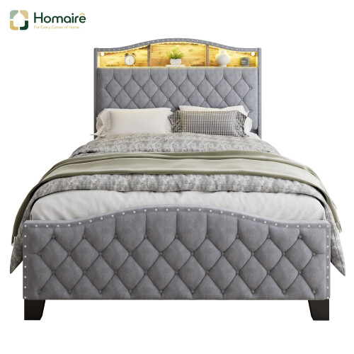 HOMAIRE Grey Velvet Upholstered Storage Bed 4ft6