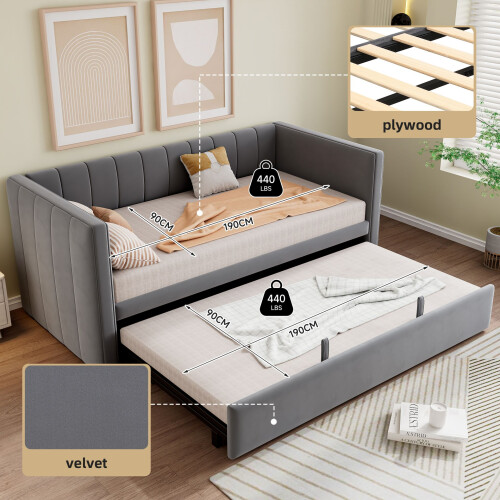 HOMAIRE Grey Velvet Daybed with Pull Out Trundle 1