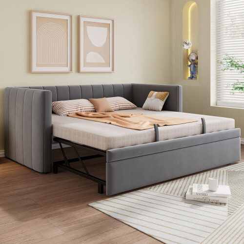 HOMAIRE Grey Velvet Daybed with Pull Out Trundle 2