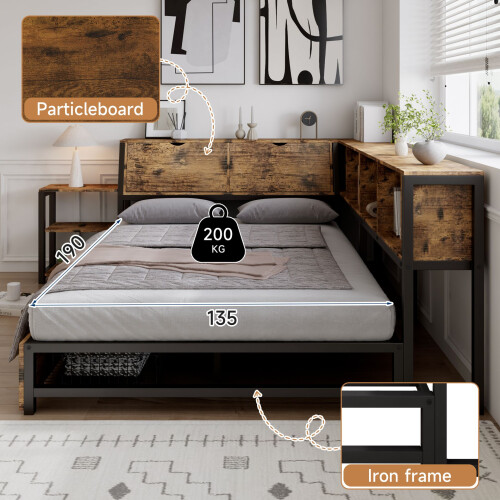 HOMAIRE Rustic Brown Metal Storage Bed 4ft6 1