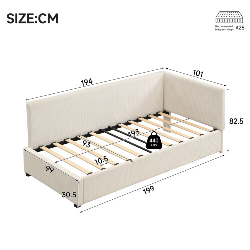 HOMAIRE 3ft Single Corduroy Upholstered Bed Beige 1