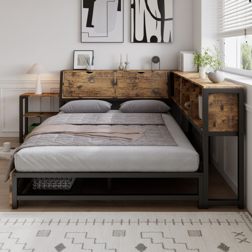 HOMAIRE Rustic Brown Metal Storage Bed 4ft6 2