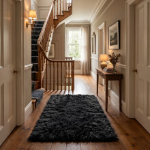 (80 x 150 cm (2 ft 6 in x 5 ft), Black) Anti Slip Shaggy Rug For Living Room Runner Carpet