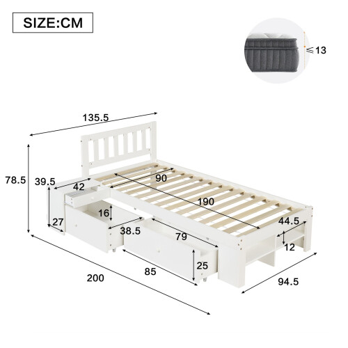 HOMAIRE White Wooden 3ft Single Storage Bed 1