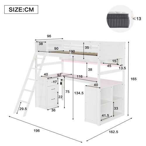 HOMAIRE White Wooden Loft Bed with Storage 1