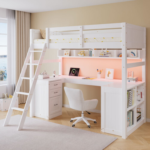 HOMAIRE White Wooden Loft Bed with Storage 2