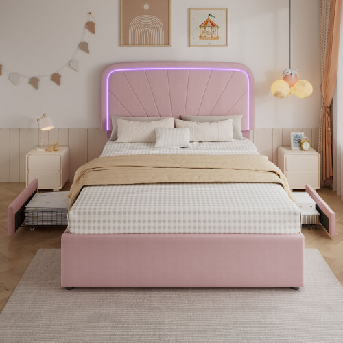 HOMAIRE Pink Velvet Upholstered 4ft6 Double Bed 2