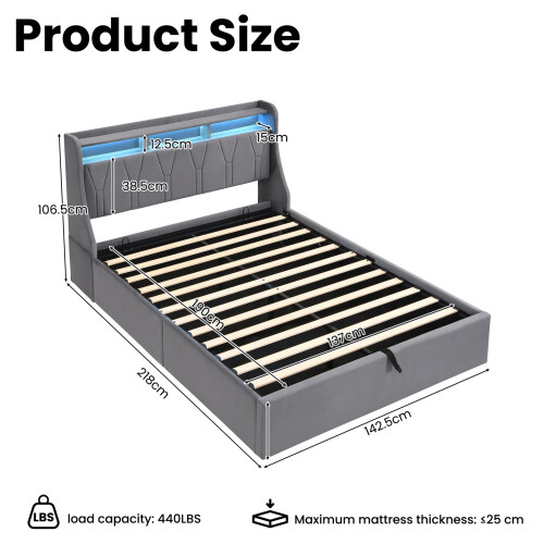 HOMAIRE Grey Velvet Hydraulic Storage Bed 4ft6 1