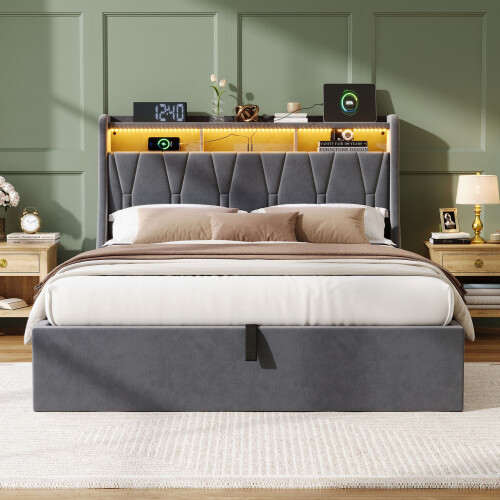 HOMAIRE Grey Velvet Hydraulic Storage Bed 4ft6 2
