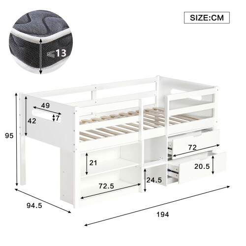 HOMAIRE White Pine Wood 3ft Single Storage Bed 1